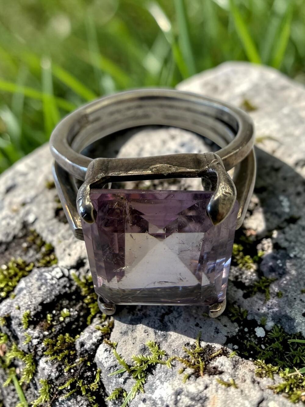 Vintage Sterling Silver Purple Faceted Amethyst Statement Ring Sculptural Split